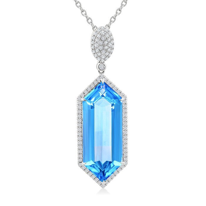 26X10 MM Evoque Gemstones Hexagon Shape Blue topaz and 1/2 Ctw Round Cut Diamond Halo Semi-Precious Pendant With Chain in 14K White Gold