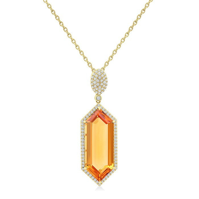 26X10 MM Evoque Gemstone Hexagon Shape Citrine and 1/2 Ctw Round Cut Diamond Halo Semi-Precious Pendant With Chain in 14K Yellow Gold