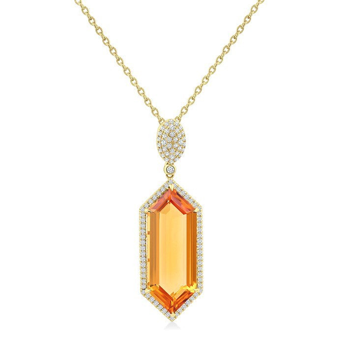 26X10 MM Evoque Gemstone Hexagon Shape Citrine and 1/2 Ctw Round Cut Diamond Halo Semi-Precious Pendant With Chain in 14K Yellow Gold