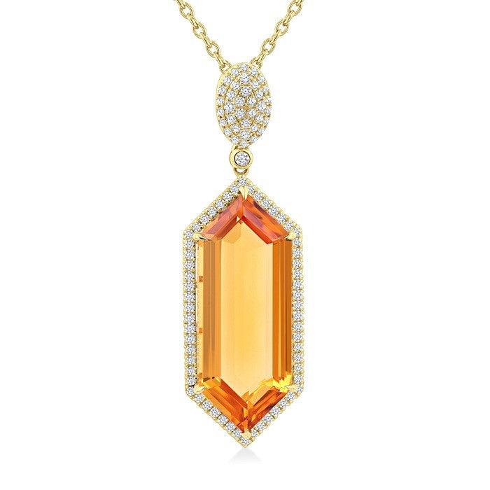 26X10 MM Evoque Gemstone Hexagon Shape Citrine and 1/2 Ctw Round Cut Diamond Halo Semi-Precious Pendant With Chain in 14K Yellow Gold