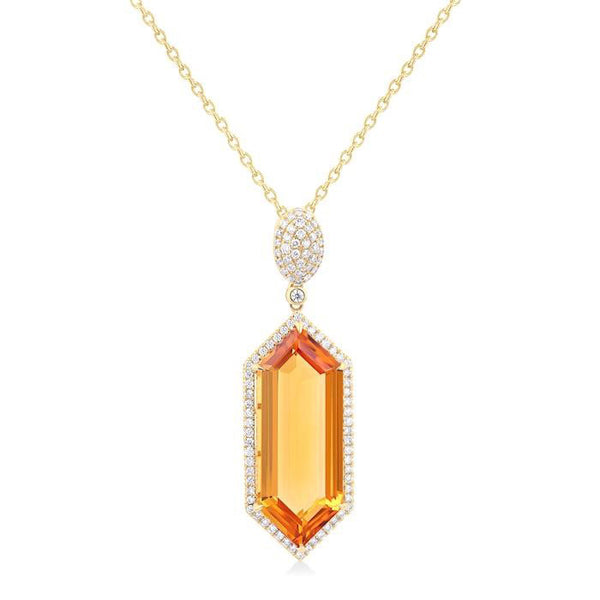 26X10 MM Evoque Gemstone Hexagon Shape Citrine and 1/2 Ctw Round Cut Diamond Halo Semi-Precious Pendant With Chain in 14K Yellow Gold