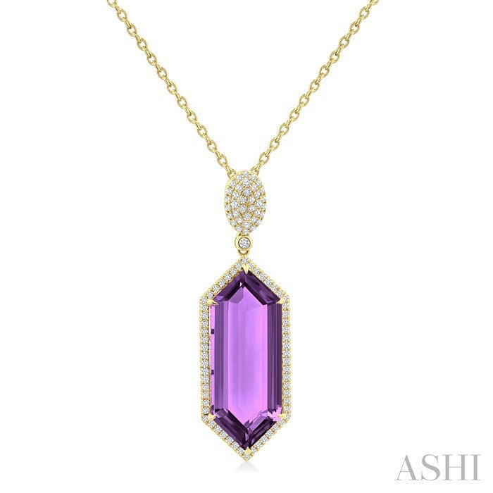26X10 MM Evoque Gemstones Hexagon Shape Amethyst and 1/2 Ctw Round Cut Diamond Halo Semi-Precious Pendant With Chain in 14K Yellow Gold