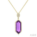 26X10 MM Evoque Gemstones Hexagon Shape Amethyst and 1/2 Ctw Round Cut Diamond Halo Semi-Precious Pendant With Chain in 14K Yellow Gold