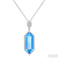26X10 MM Evoque Gemstones Hexagon Shape Blue topaz and 1/2 Ctw Round Cut Diamond Halo Semi-Precious Pendant With Chain in 14K White Gold