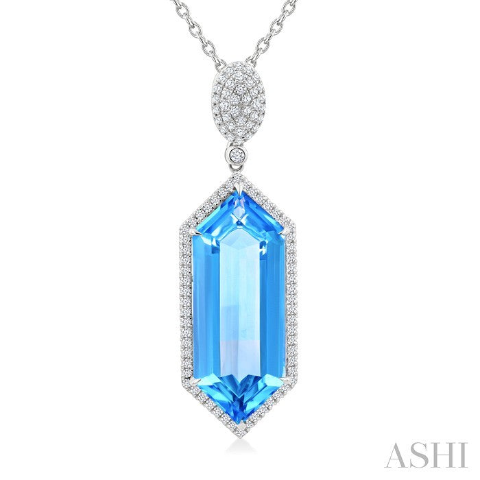 26X10 MM Evoque Gemstones Hexagon Shape Blue topaz and 1/2 Ctw Round Cut Diamond Halo Semi-Precious Pendant With Chain in 14K White Gold