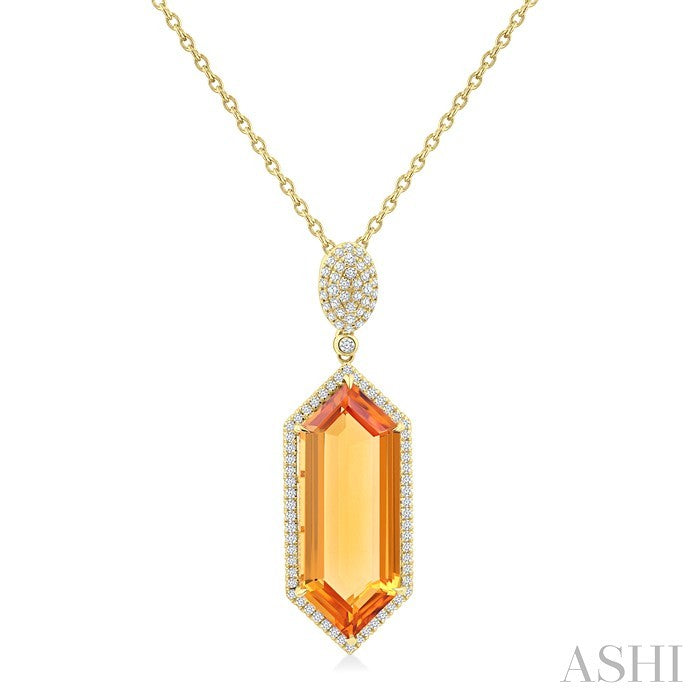 26X10 MM Evoque Gemstone Hexagon Shape Citrine and 1/2 Ctw Round Cut Diamond Halo Semi-Precious Pendant With Chain in 14K Yellow Gold