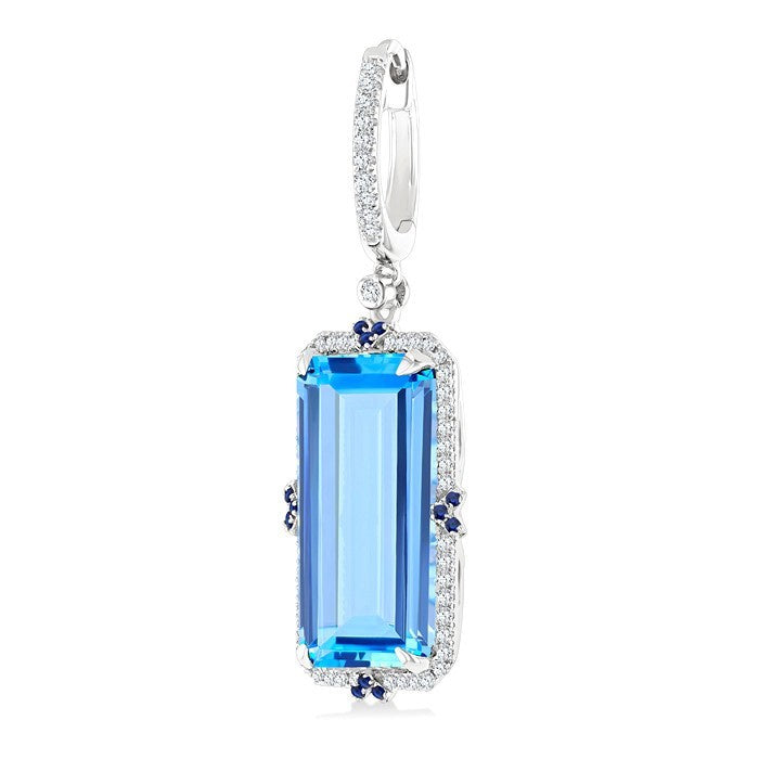 17X9 MM Evoque Gemstone Emerald Cut Blue Topaz and .80MM Sapphire & 1/3 Ctw Round Cut Diamond Halo Precious & Semi-Precious Earrings in 14K White Gold