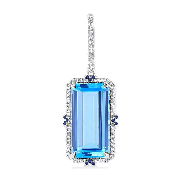 17X9 MM Evoque Gemstone Emerald Cut Blue Topaz and .80MM Sapphire & 1/3 Ctw Round Cut Diamond Halo Precious & Semi-Precious Earrings in 14K White Gold