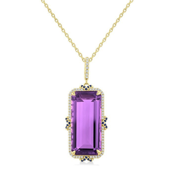 22X10 MM Evoque Gemstones Emerald Cut Amethyst and .80MM Sapphire & 1/5 Ctw Round Cut Diamond Halo Semi-Precious Pendant With Chain in 14K Yellow Gold