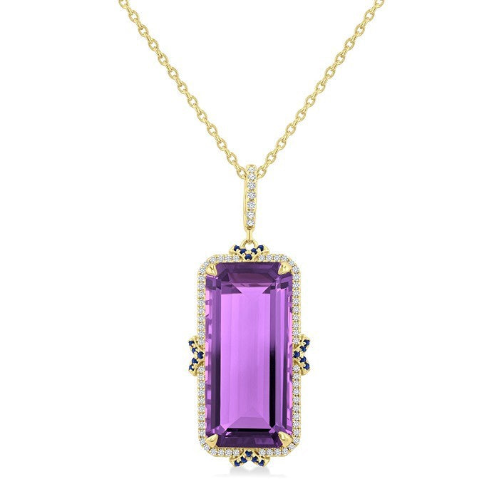 22X10 MM Evoque Gemstones Emerald Cut Amethyst and .80MM Sapphire & 1/5 Ctw Round Cut Diamond Halo Semi-Precious Pendant With Chain in 14K Yellow Gold