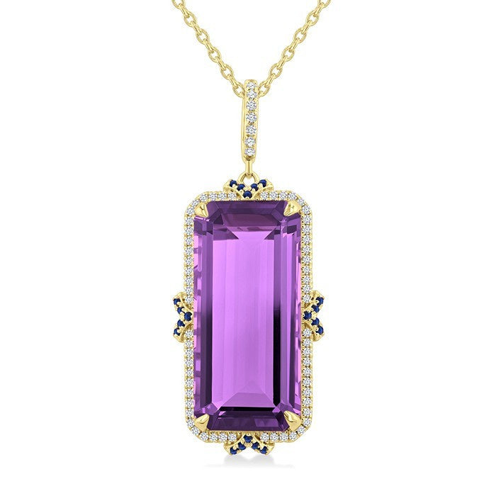 22X10 MM Evoque Gemstones Emerald Cut Amethyst and .80MM Sapphire & 1/5 Ctw Round Cut Diamond Halo Semi-Precious Pendant With Chain in 14K Yellow Gold