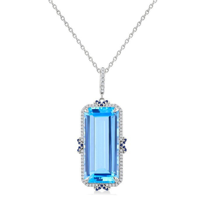 22X10 MM Evoque Gemstones Emerald Shape Blue Topaz and .80 MM Sapphire & 1/5 Ctw Round Diamond Halo Semi-Precious Pendant With Chain in 14K White Gold