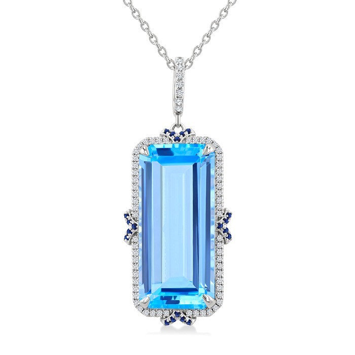 22X10 MM Evoque Gemstones Emerald Shape Blue Topaz and .80 MM Sapphire & 1/5 Ctw Round Diamond Halo Semi-Precious Pendant With Chain in 14K White Gold