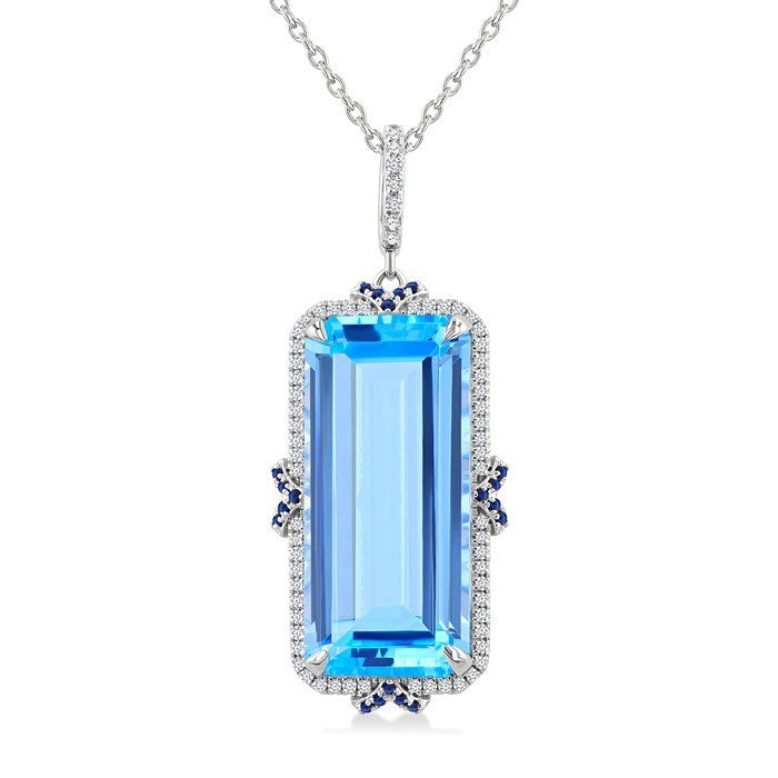 22X10 MM Evoque Gemstones Emerald Shape Blue Topaz and .80 MM Sapphire & 1/5 Ctw Round Diamond Halo Semi-Precious Pendant With Chain in 14K White Gold