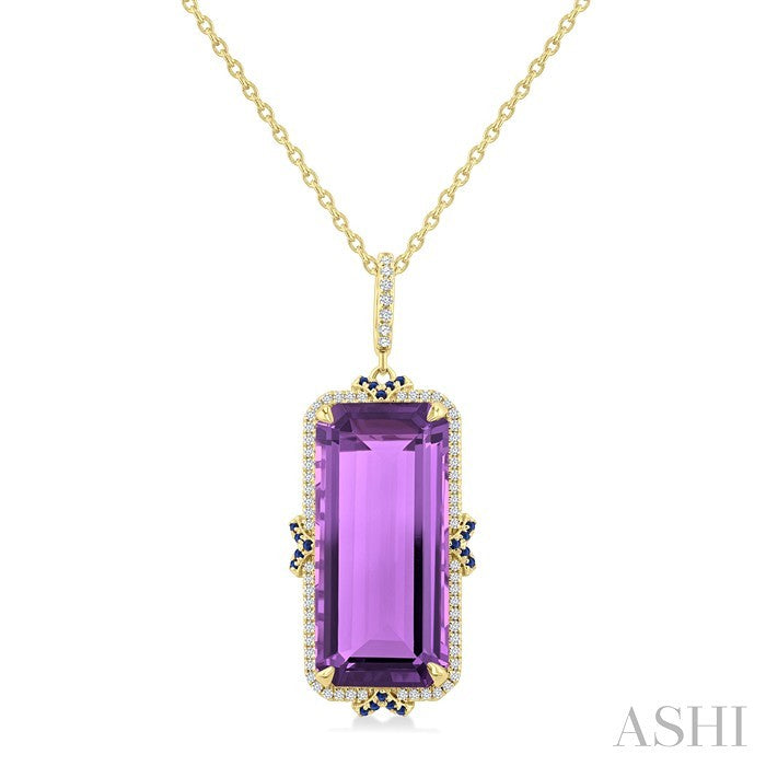 22X10 MM Evoque Gemstones Emerald Cut Amethyst and .80MM Sapphire & 1/5 Ctw Round Cut Diamond Halo Semi-Precious Pendant With Chain in 14K Yellow Gold