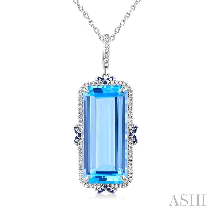 22X10 MM Evoque Gemstones Emerald Shape Blue Topaz and .80 MM Sapphire & 1/5 Ctw Round Diamond Halo Semi-Precious Pendant With Chain in 14K White Gold