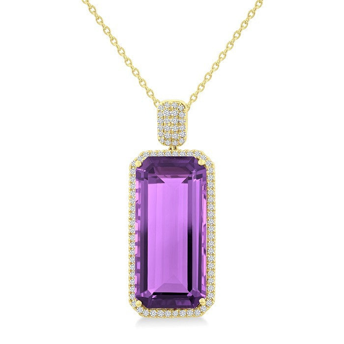26X12 MM Evoque Gemstones Emerald Shape Amethyst and 1/2 Ctw Round Cut Diamond Halo Semi-Precious Pendant With Chain in 14K Yellow Gold