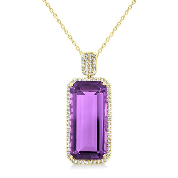 26X12 MM Evoque Gemstones Emerald Shape Amethyst and 1/2 Ctw Round Cut Diamond Halo Semi-Precious Pendant With Chain in 14K Yellow Gold