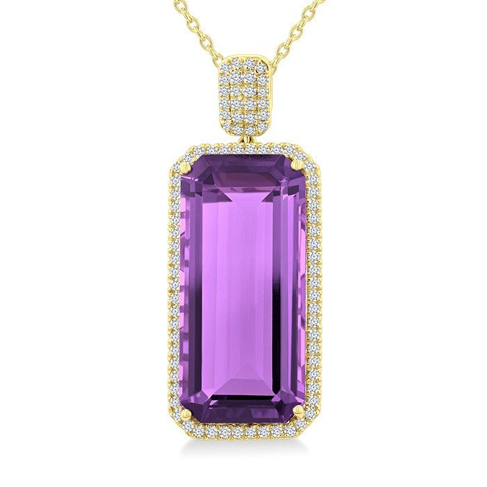 26X12 MM Evoque Gemstones Emerald Shape Amethyst and 1/2 Ctw Round Cut Diamond Halo Semi-Precious Pendant With Chain in 14K Yellow Gold