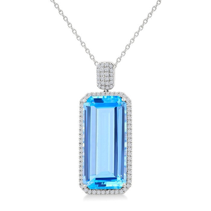 26X12 MM Evoque Gemstones Emerald Shape Blue Topaz and 1/2 Ctw Round Cut Diamond Halo Semi-Precious Pendant With Chain in 14K White Gold