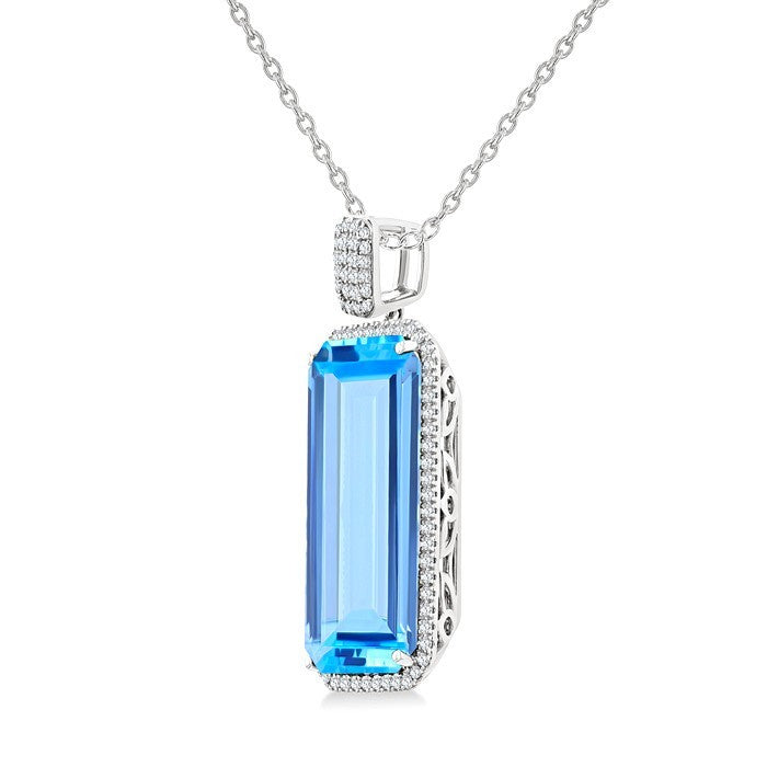 26X12 MM Evoque Gemstones Emerald Shape Blue Topaz and 1/2 Ctw Round Cut Diamond Halo Semi-Precious Pendant With Chain in 14K White Gold