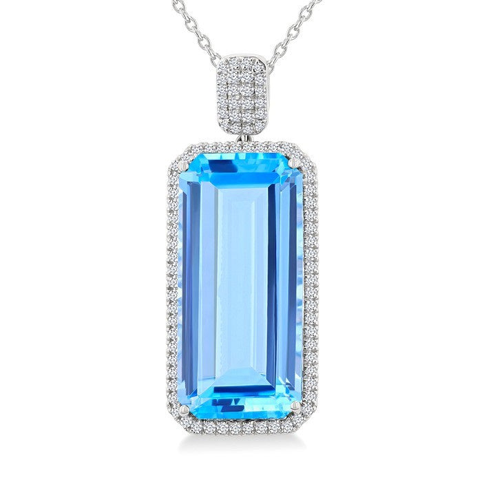 26X12 MM Evoque Gemstones Emerald Shape Blue Topaz and 1/2 Ctw Round Cut Diamond Halo Semi-Precious Pendant With Chain in 14K White Gold
