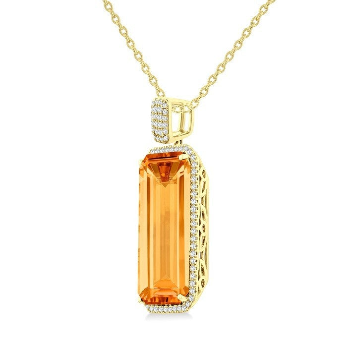 Amber Radiance 14K Yellow Gold Emerald-Cut Citrine & Diamond Halo Pendant