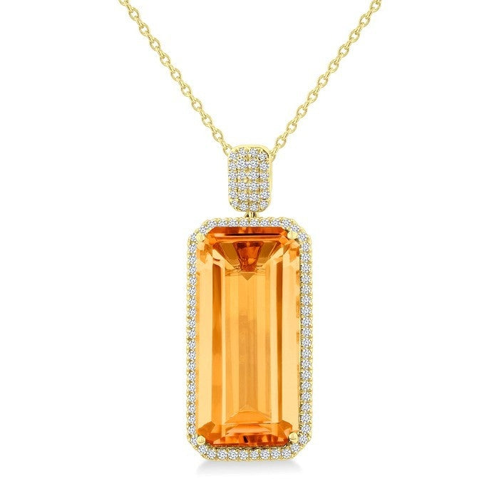 Amber Radiance 14K Yellow Gold Emerald-Cut Citrine & Diamond Halo Pendant