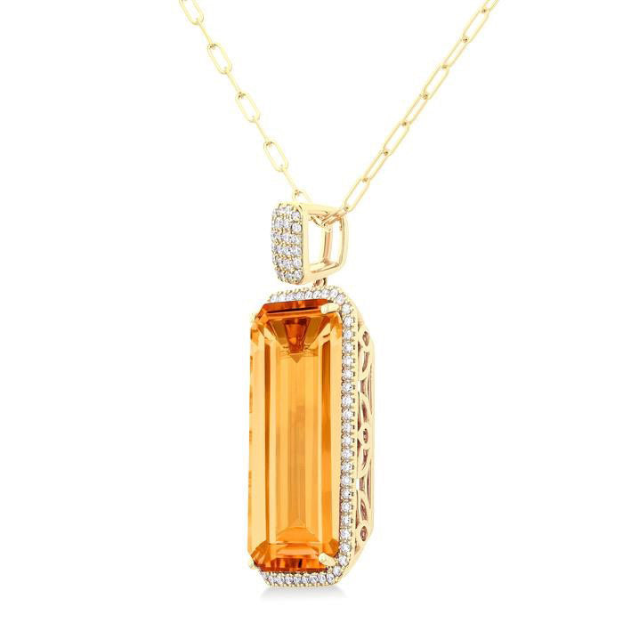 Amber Radiance 14K Yellow Gold Emerald-Cut Citrine & Diamond Halo Pendant