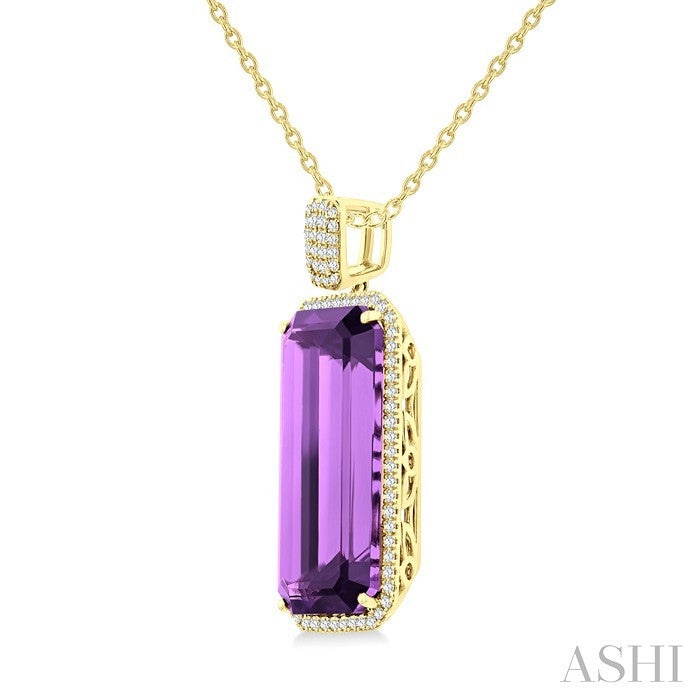 26X12 MM Evoque Gemstones Emerald Shape Amethyst and 1/2 Ctw Round Cut Diamond Halo Semi-Precious Pendant With Chain in 14K Yellow Gold