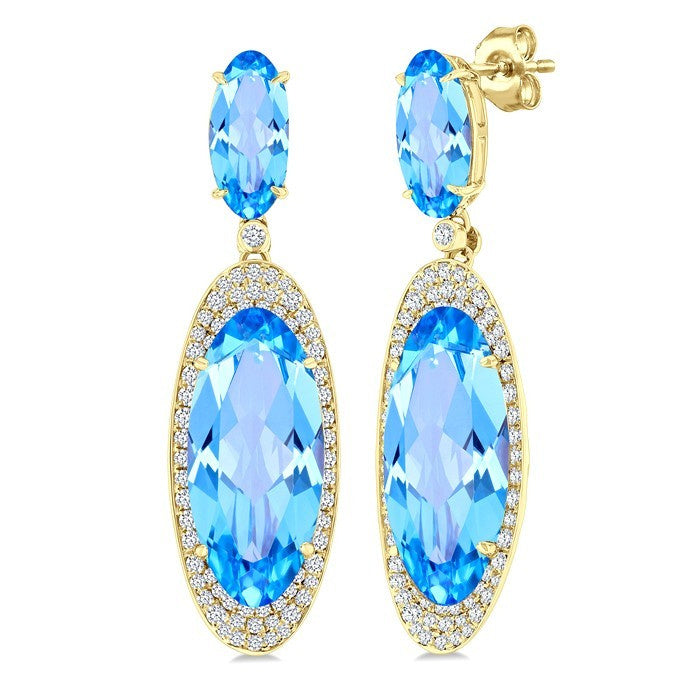 18X8 MM Evoque Gemstones & 10x5 MM Oval Shape Blue Topaz and 3/4 Ctw Round Cut Diamond Halo Semi-Precious Earrings in 14K Yellow Gold