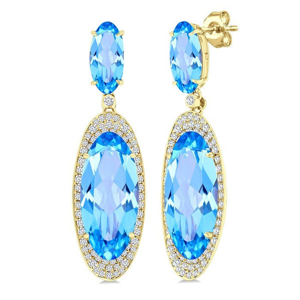 18X8 MM Evoque Gemstones & 10x5 MM Oval Shape Blue Topaz and 3/4 Ctw Round Cut Diamond Halo Semi-Precious Earrings in 14K Yellow Gold