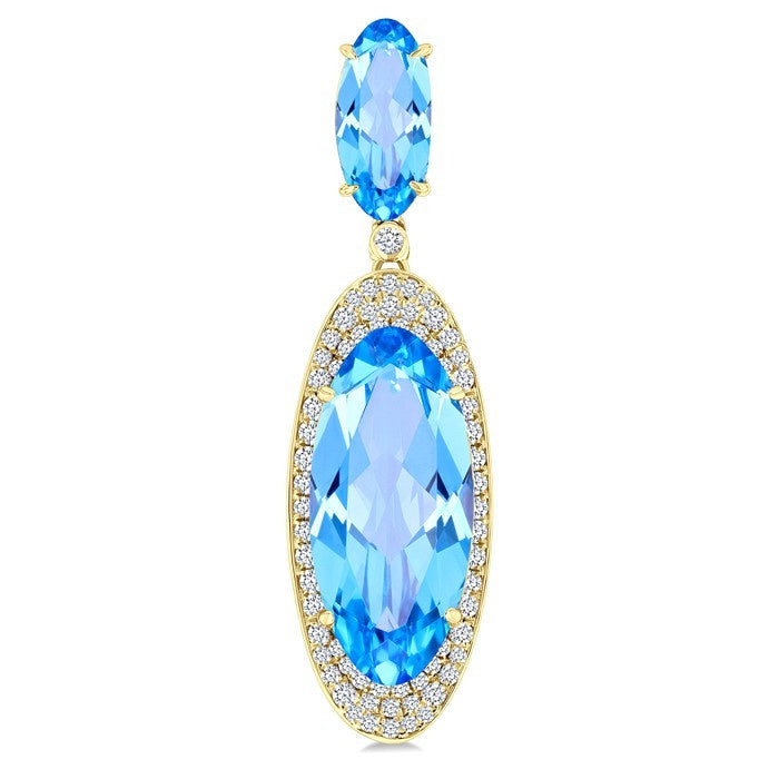 18X8 MM Evoque Gemstones & 10x5 MM Oval Shape Blue Topaz and 3/4 Ctw Round Cut Diamond Halo Semi-Precious Earrings in 14K Yellow Gold