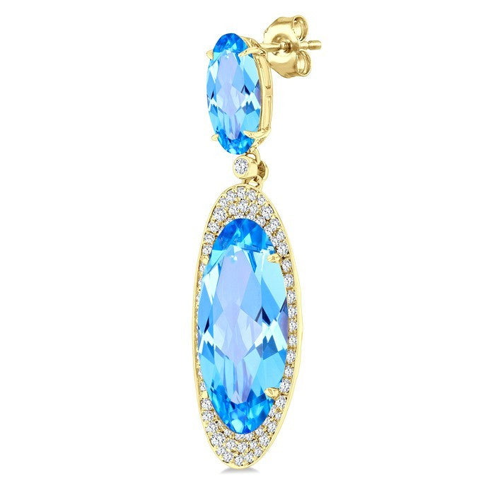 18X8 MM Evoque Gemstones & 10x5 MM Oval Shape Blue Topaz and 3/4 Ctw Round Cut Diamond Halo Semi-Precious Earrings in 14K Yellow Gold