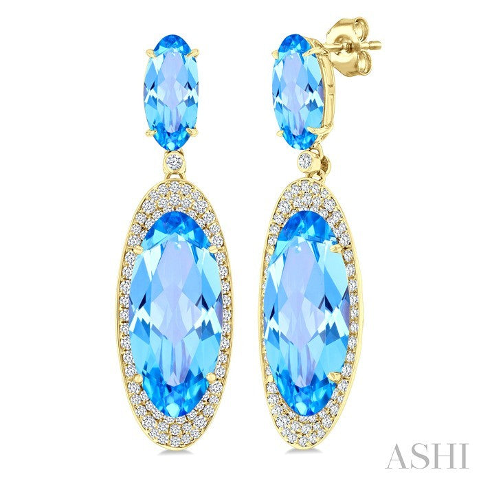18X8 MM Evoque Gemstones & 10x5 MM Oval Shape Blue Topaz and 3/4 Ctw Round Cut Diamond Halo Semi-Precious Earrings in 14K Yellow Gold