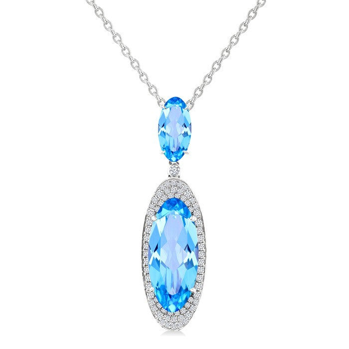 18X8 MM Evoque Gemstones & 10x5 MM Oval Shape Blue Topaz and 1/3 Ctw Round Cut Diamond Halo Semi-Precious Pendant With Chain in 14K White Gold