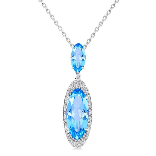 18X8 MM Evoque Gemstones & 10x5 MM Oval Shape Blue Topaz and 1/3 Ctw Round Cut Diamond Halo Semi-Precious Pendant With Chain in 14K White Gold