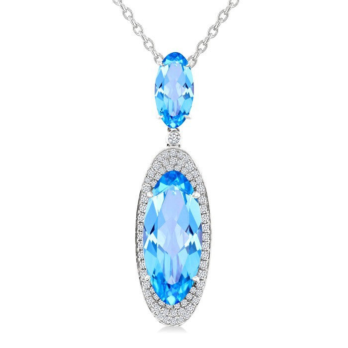 18X8 MM Evoque Gemstones & 10x5 MM Oval Shape Blue Topaz and 1/3 Ctw Round Cut Diamond Halo Semi-Precious Pendant With Chain in 14K White Gold