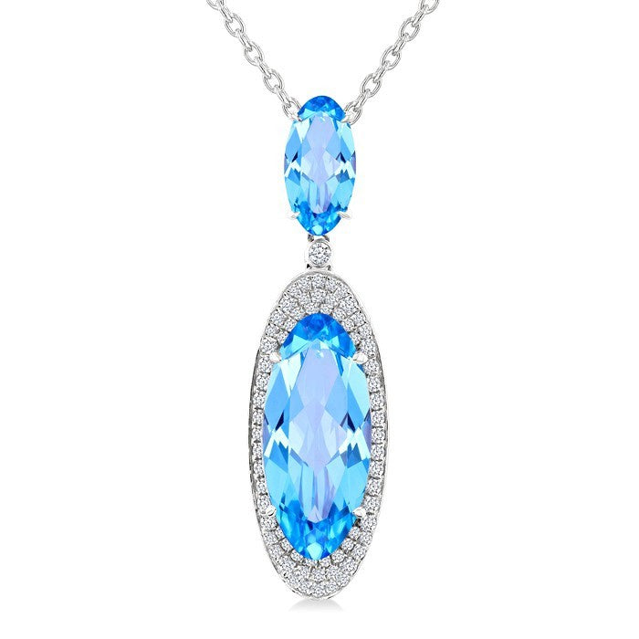 18X8 MM Evoque Gemstones & 10x5 MM Oval Shape Blue Topaz and 1/3 Ctw Round Cut Diamond Halo Semi-Precious Pendant With Chain in 14K White Gold
