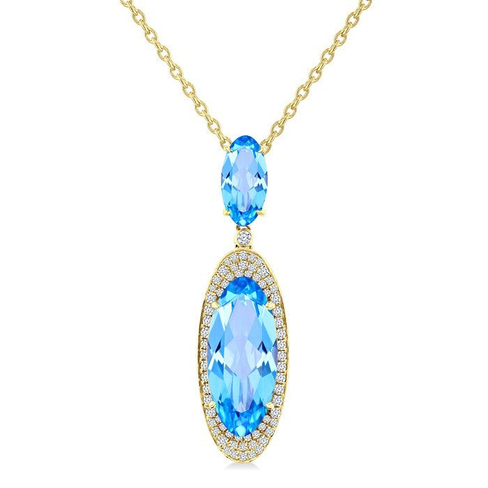 18X8 MM Evoque Gemstones & 10x5 MM Oval Shape Blue Topaz and 1/3 Ctw Round Cut Diamond Halo Semi-Precious Pendant With Chain in 14K Yellow Gold