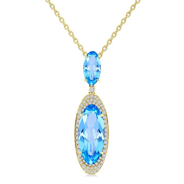 18X8 MM Evoque Gemstones & 10x5 MM Oval Shape Blue Topaz and 1/3 Ctw Round Cut Diamond Halo Semi-Precious Pendant With Chain in 14K Yellow Gold