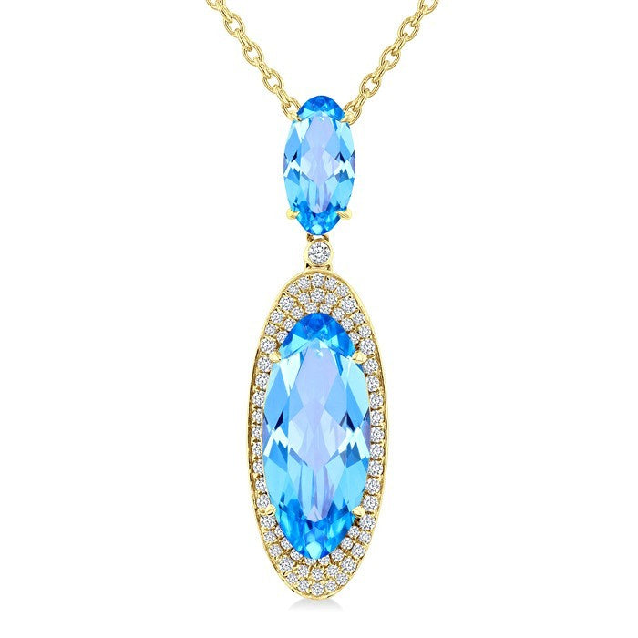 18X8 MM Evoque Gemstones & 10x5 MM Oval Shape Blue Topaz and 1/3 Ctw Round Cut Diamond Halo Semi-Precious Pendant With Chain in 14K Yellow Gold