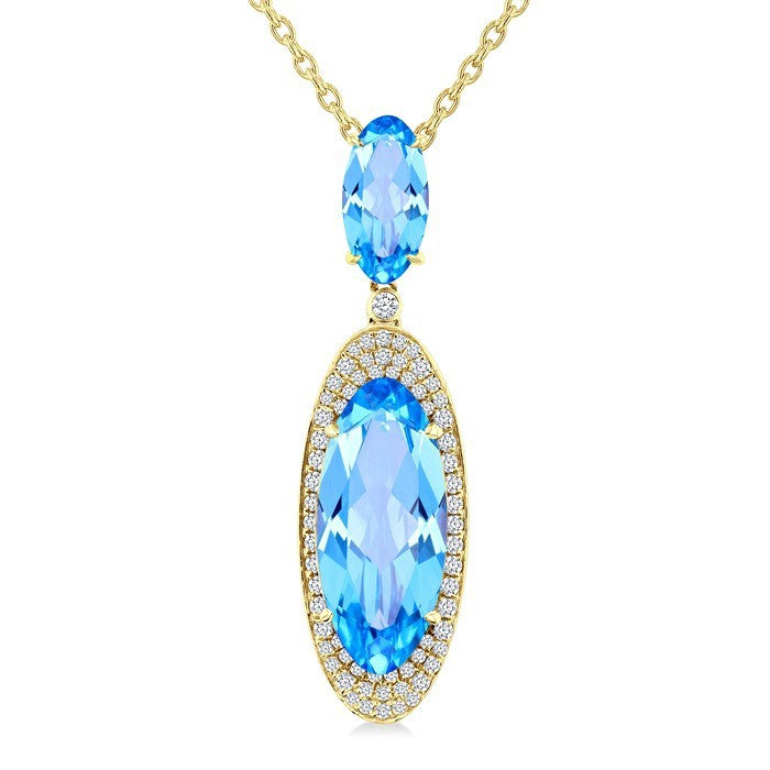 18X8 MM Evoque Gemstones & 10x5 MM Oval Shape Blue Topaz and 1/3 Ctw Round Cut Diamond Halo Semi-Precious Pendant With Chain in 14K Yellow Gold