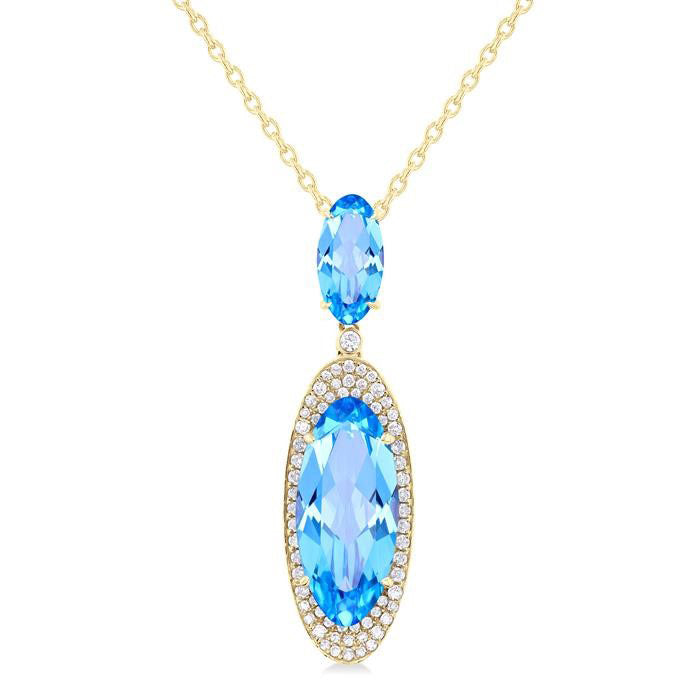 Blue Topaz Oval Shape Gemstone & Halo Diamond Pendant
