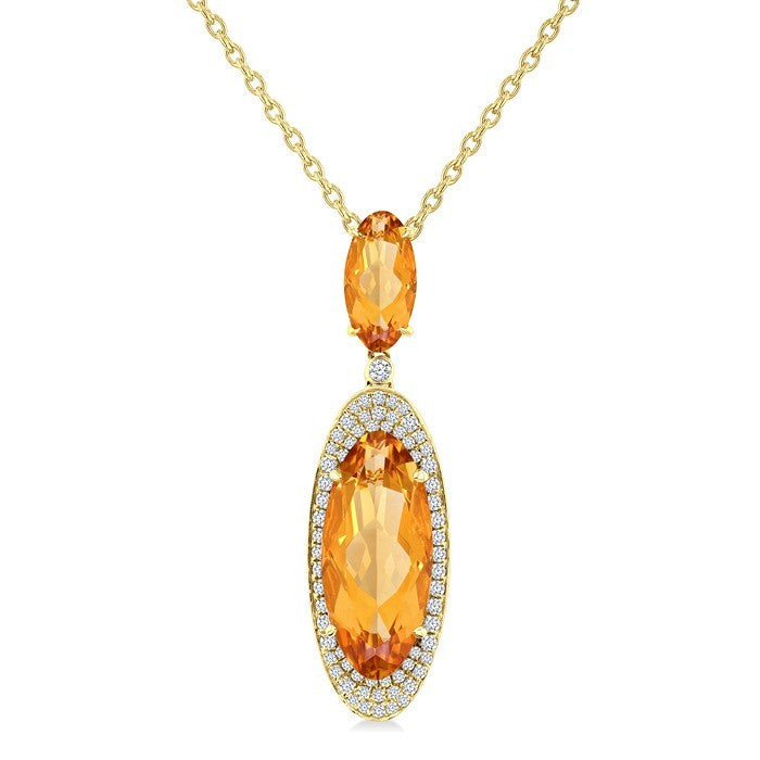 18X8 MM Evoque Gemstone & 10x5 MM Oval Shape Citrine and 1/3 Ctw Round Cut Diamond Halo Semi-Precious Pendant With Chain in 14K Yellow Gold