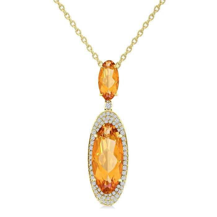 18X8 MM Evoque Gemstone & 10x5 MM Oval Shape Citrine and 1/3 Ctw Round Cut Diamond Halo Semi-Precious Pendant With Chain in 14K Yellow Gold