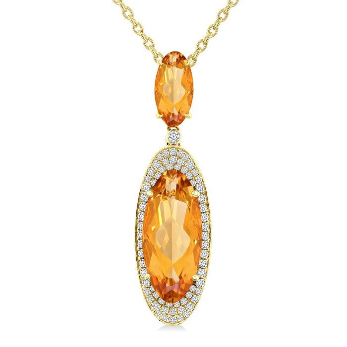18X8 MM Evoque Gemstone & 10x5 MM Oval Shape Citrine and 1/3 Ctw Round Cut Diamond Halo Semi-Precious Pendant With Chain in 14K Yellow Gold
