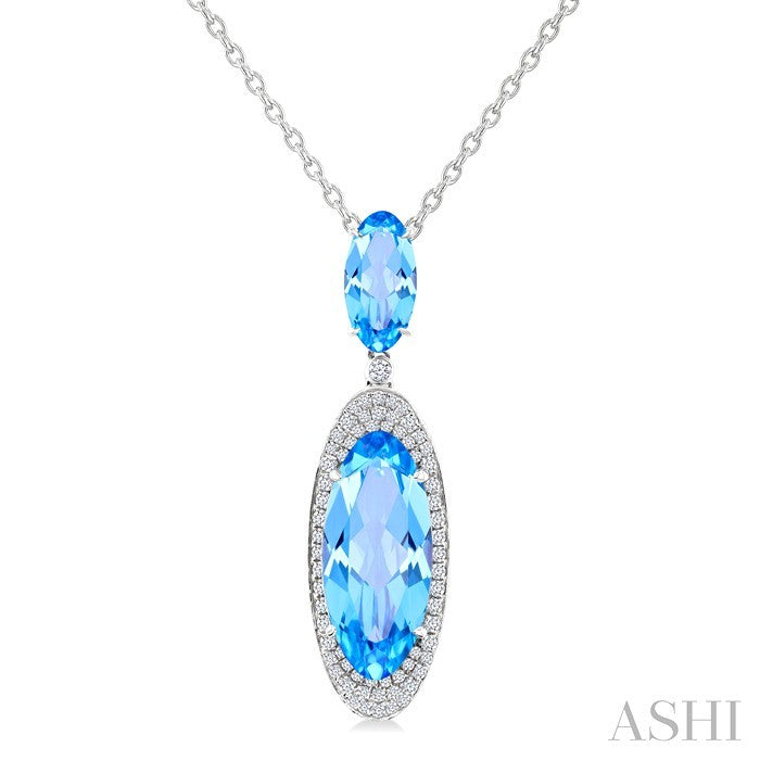18X8 MM Evoque Gemstones & 10x5 MM Oval Shape Blue Topaz and 1/3 Ctw Round Cut Diamond Halo Semi-Precious Pendant With Chain in 14K White Gold