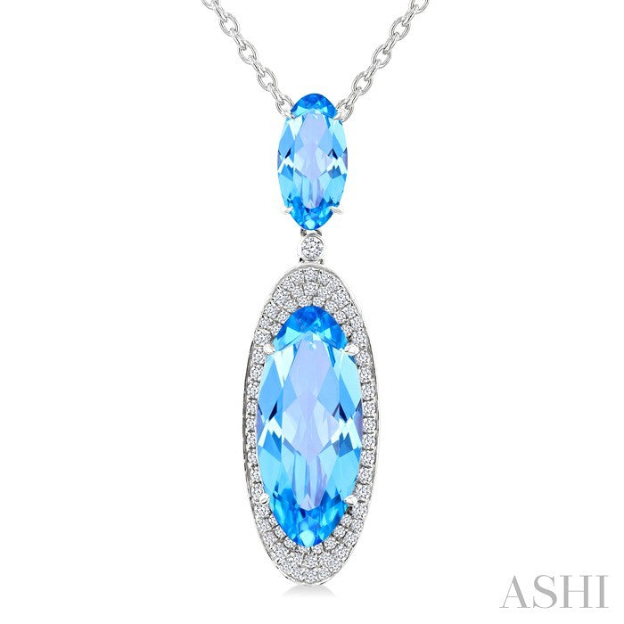 18X8 MM Evoque Gemstones & 10x5 MM Oval Shape Blue Topaz and 1/3 Ctw Round Cut Diamond Halo Semi-Precious Pendant With Chain in 14K White Gold