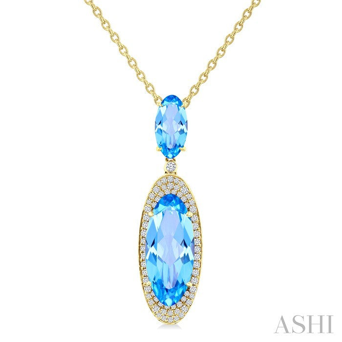 18X8 MM Evoque Gemstones & 10x5 MM Oval Shape Blue Topaz and 1/3 Ctw Round Cut Diamond Halo Semi-Precious Pendant With Chain in 14K Yellow Gold